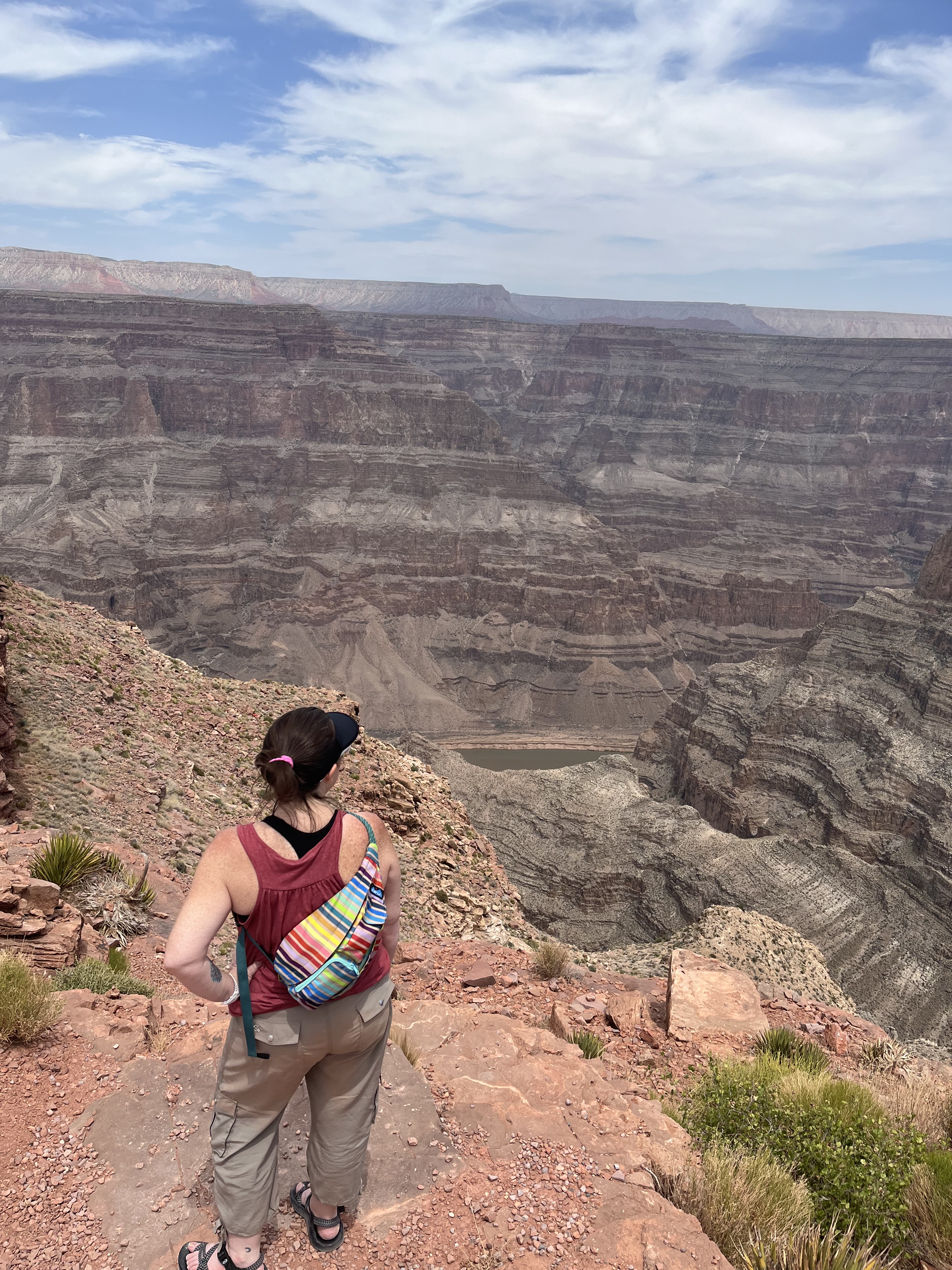 Misty stands with her back to the camera looking out over the Grand Canyon